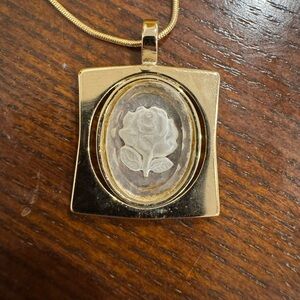 VTG intaglio reverse carved lucite rose pendant, popular 1970s revival piece
